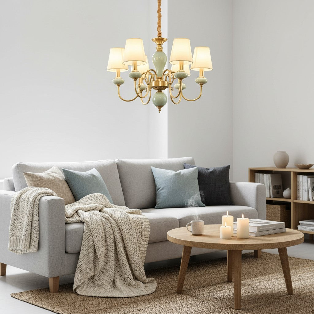 Lustre Branche Série Altoris avec Abat-jours en Tissu – Lustre en Laiton et Céramique pour Salon