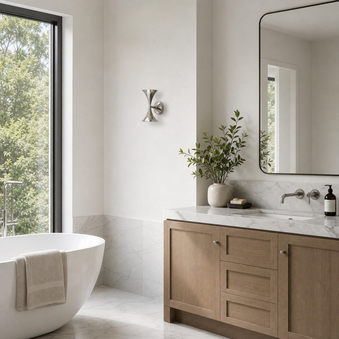 Chrome wall sconce in a bright neutral interior