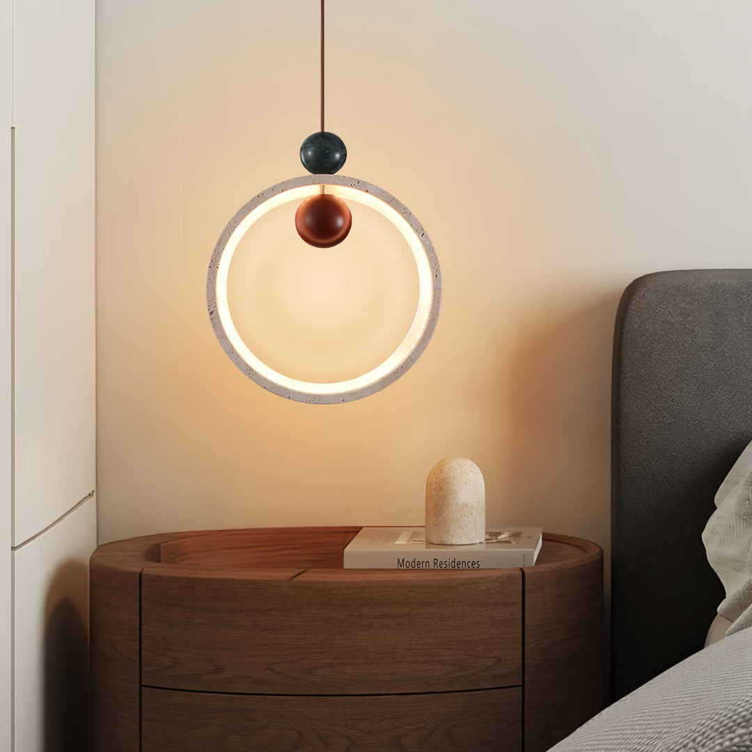 Travertine Circular Form Plug-In Pendant