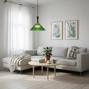 Suspension vintage Elunaris en forme de trompette avec abat-jour en verre vert pour salle à manger