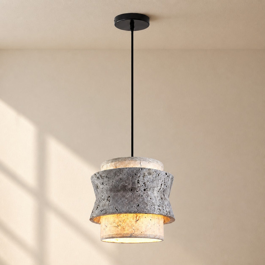 Gray Travertine Stone Pendant Light - Vintage Kitchen Island and Dining Room Lamp