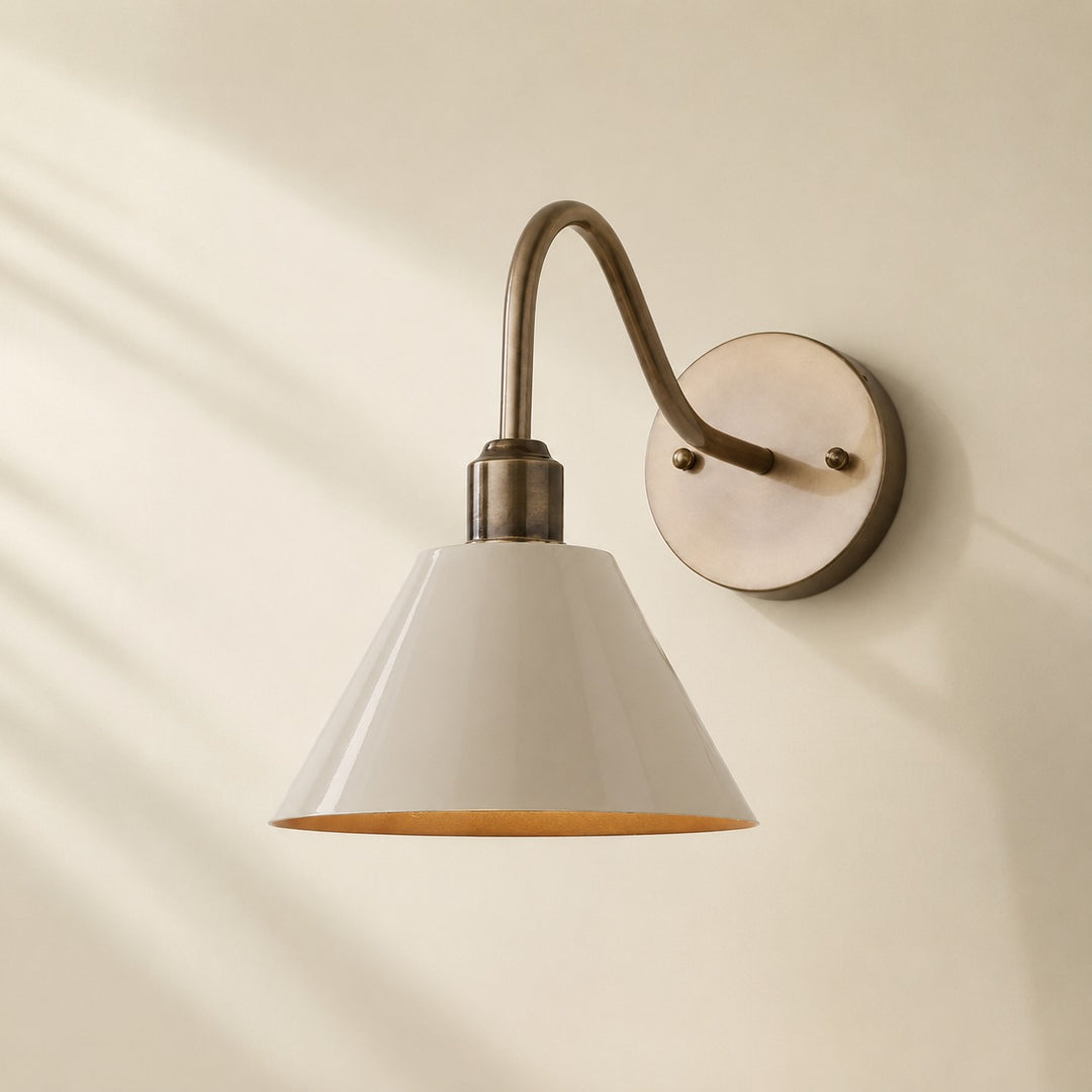 Industrial Modern Tapered Brass Gooseneck Sconce with Metal Silhouette