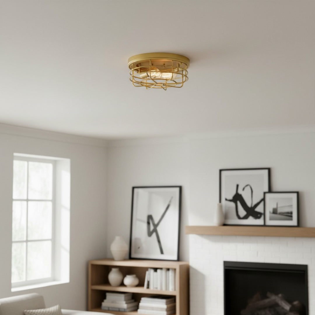 Lámpara de Techo Redonda con Jaula de Metal Gridray Estilo Industrial – Iluminación Interior para Cocina y Entrada