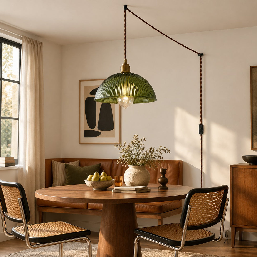Vintage Ribbed Glass Shade Plug‑in Swag Pendant Light - Hanging Lamp for Dining and Living Room
