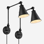 Load image into Gallery viewer, Pair of black iron swing-arm sconces with cone shades