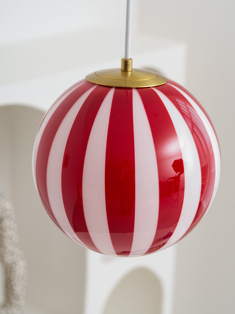 Red Striped Glass Globe Hardwired Pendant