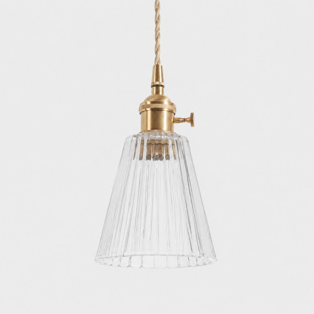 Style K textured glass shade with antique brass E27 socket, front view