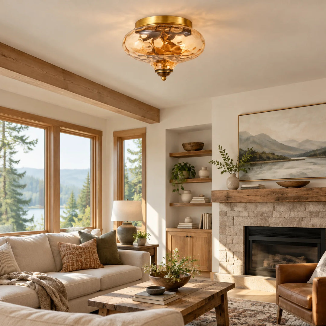 Two-Light Hammered Ceiling Light with a flush mount and a broad glass cover - New2609-1024577 interior scene