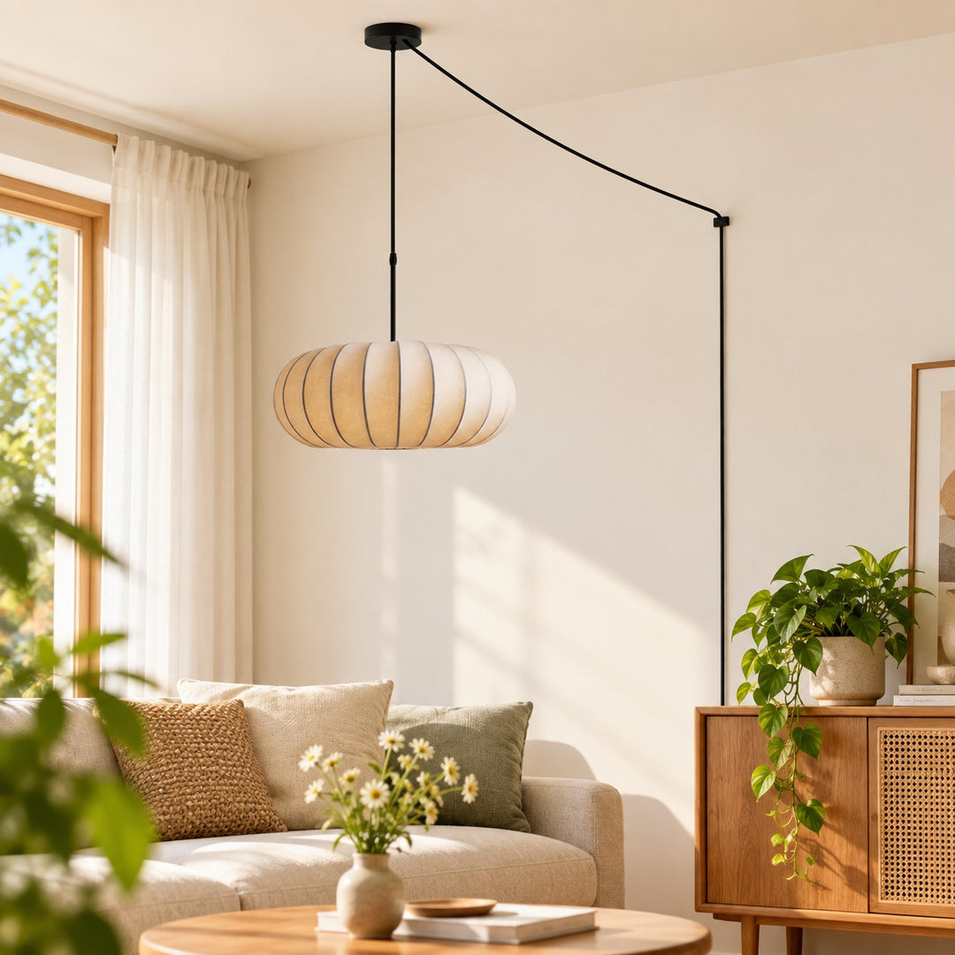 White Fabric Plug-In Pendant Lamp