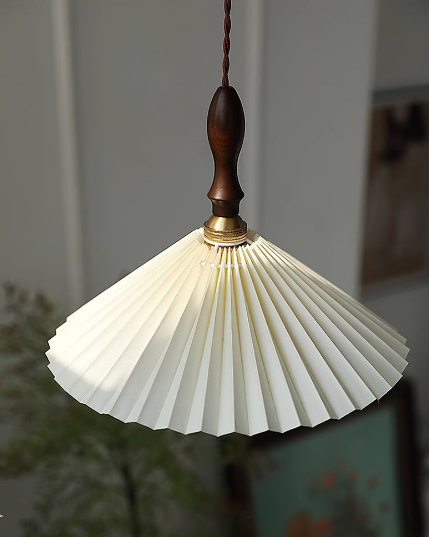 White Fabric Walnut Brass Plug-In Pendant