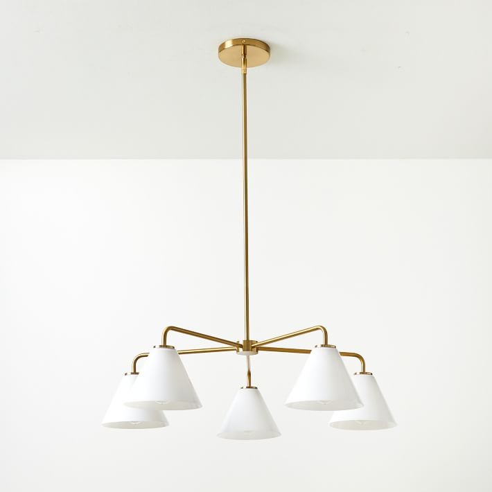 Conica Modern Glass Cone Chandelier – Sculptural 5 Light Brass Design