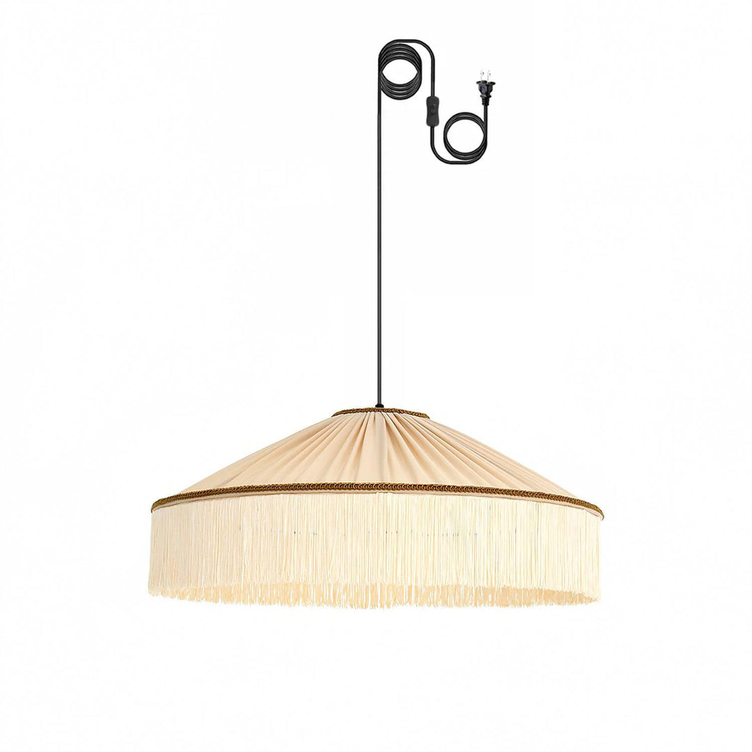 Beige Pleated Fabric Fringe Plug-In Pendant
