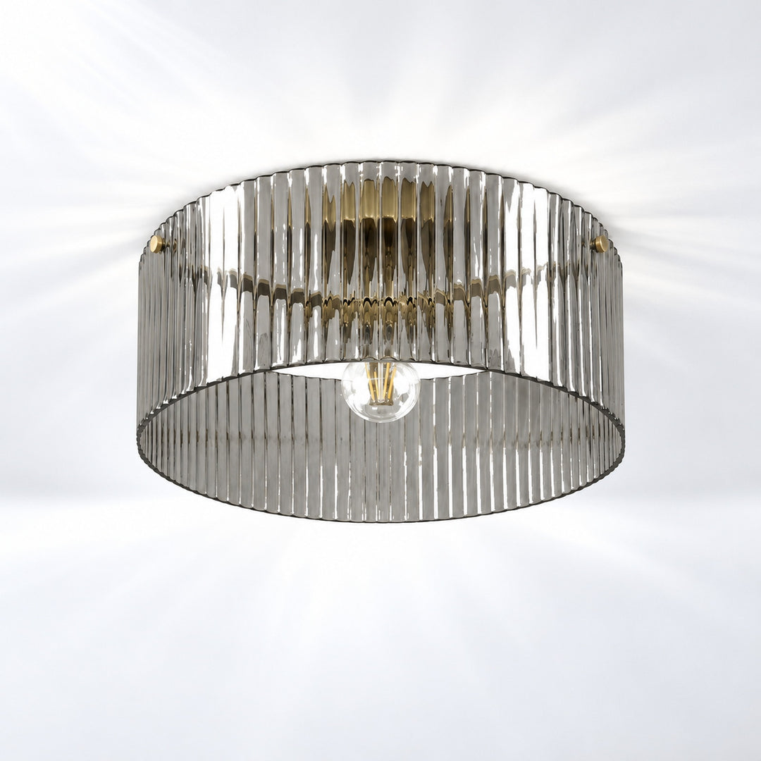 Smoke gray ribbed glass flush ceiling light
