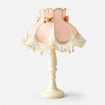 Load image into Gallery viewer, Blush pink satin lace table lamp on a light background
