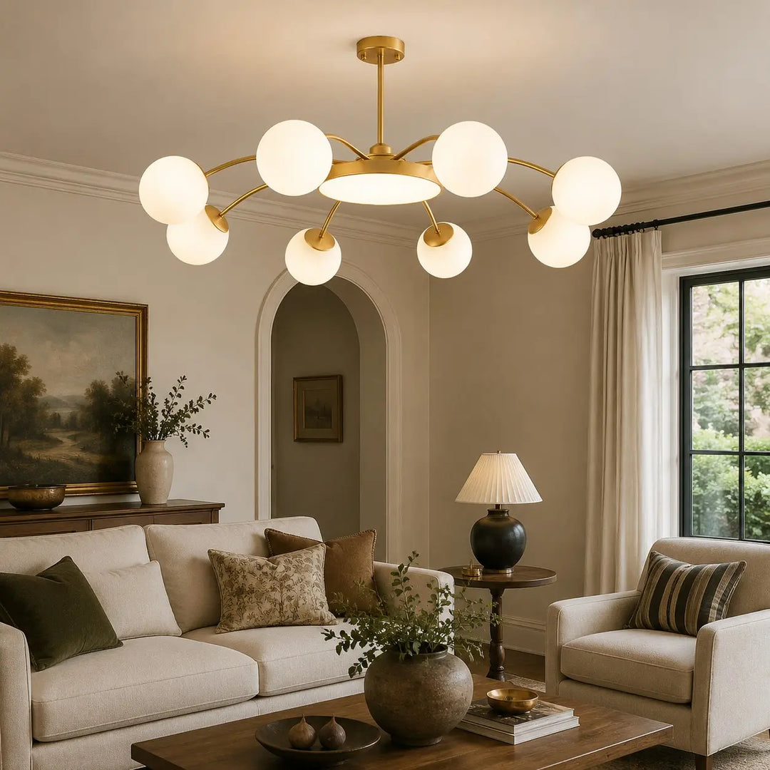 Gold eight-light chandelier in a living room