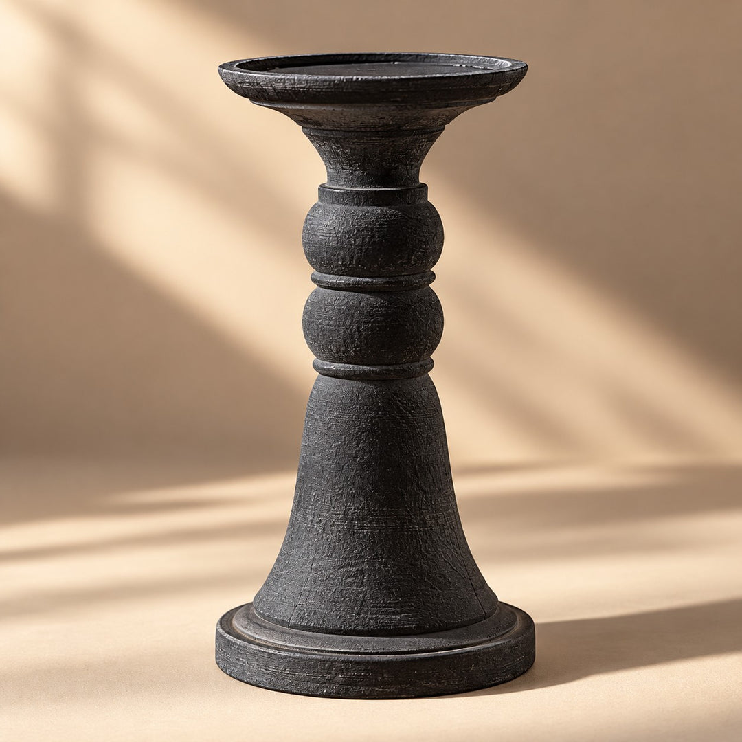 Black Pillar Candle Holder with Sculptural Pedestal Base