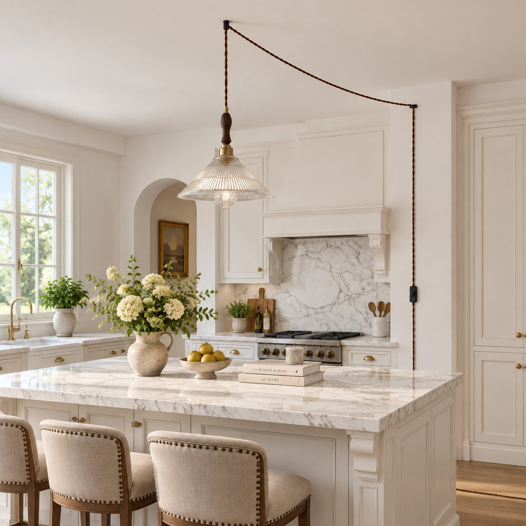 Vintage Ribbed Glass Shade Plug‑in Swag Pendant Light - Hanging Lamp for Dining and Living Room