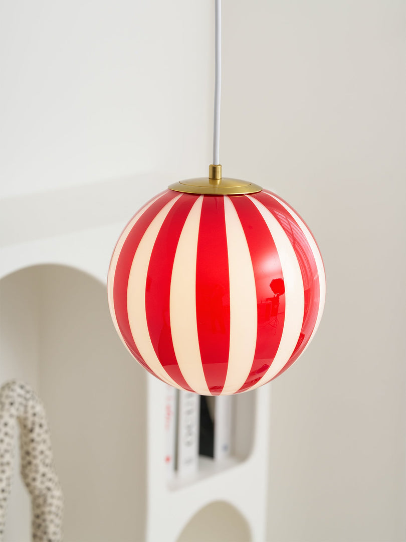 Red Striped Glass Globe Hardwired Pendant