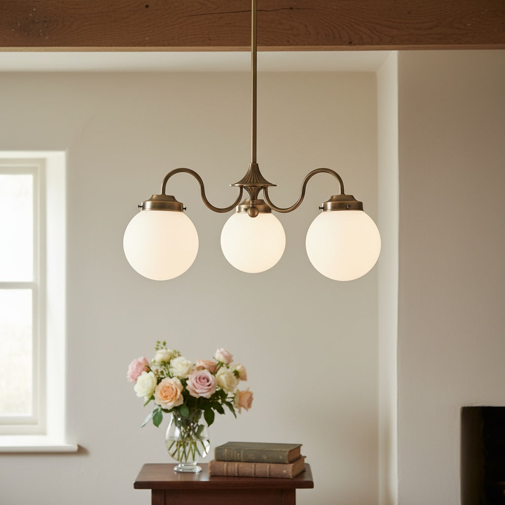 Glorica Glass Vintage Globe Chandelier - Brass 3-Light Frosted Glass Hanging Fixture