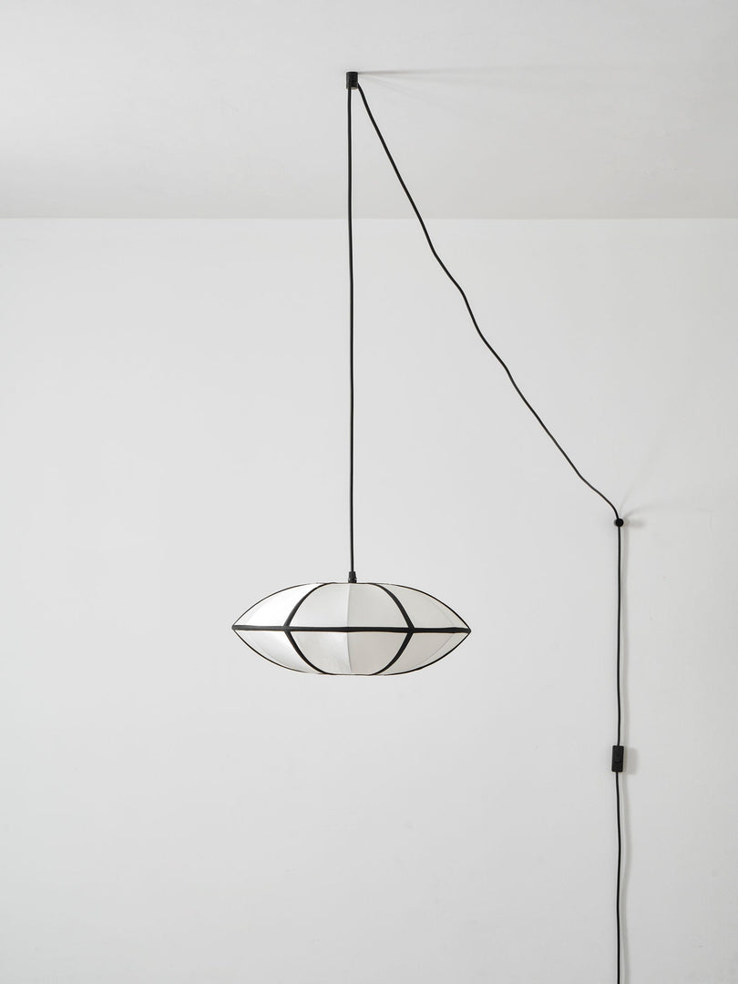 Black Metal White Fabric Plug-In Swag Pendant