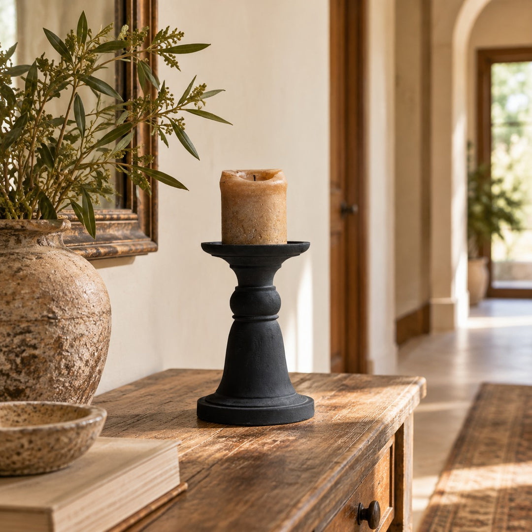 Black Pillar Candle Holder with Sculptural Pedestal Base