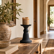 Black Pillar Candle Holder with Sculptural Pedestal Base