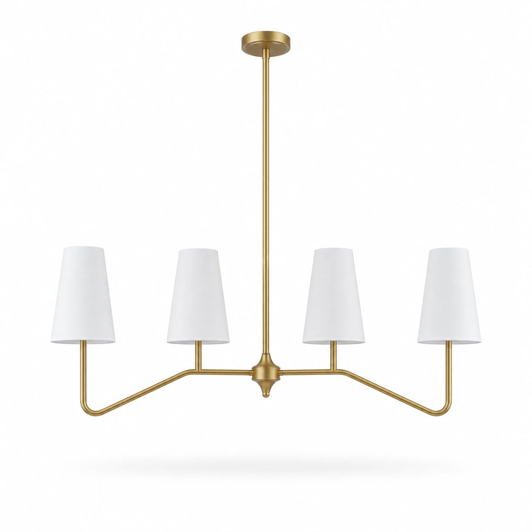 Strellux linear chandelier in brass finish with white shades