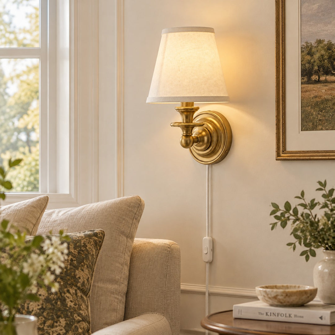 Rowan No-Wire Flat Drum Shade Wall Sconce – Plug-In Fabric Wall Light