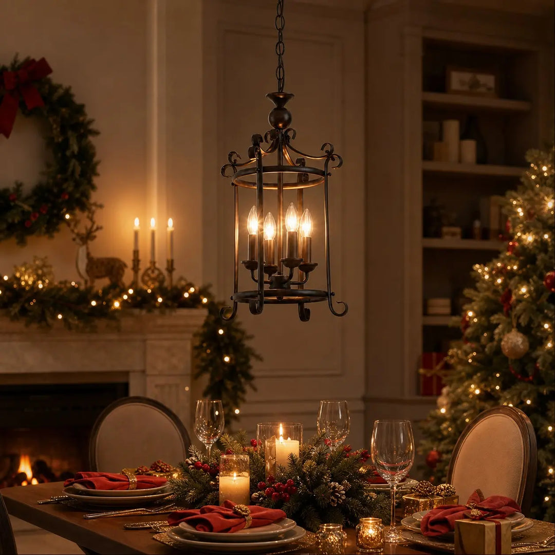 Black iron pendant creating a warm dining atmosphere