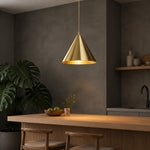 Load image into Gallery viewer, Bright brass pendant light over a kitchen island