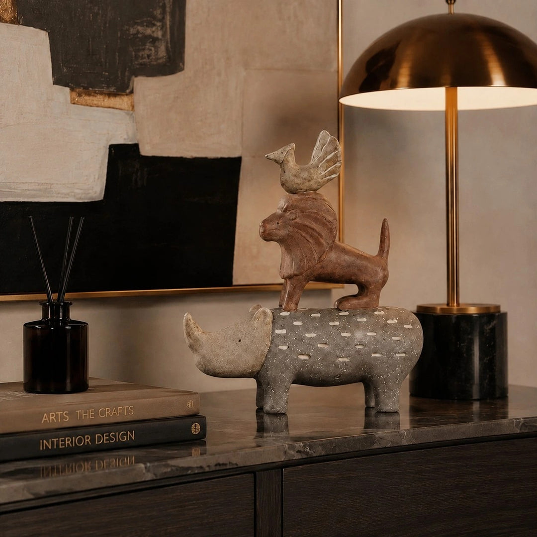 Qilin resin animal sculpture styled on a console table
