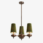 Load image into Gallery viewer, Hour Rho chandelier with green velvet shades, 3 lights