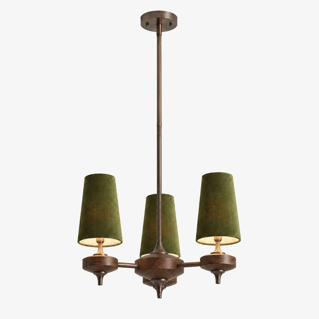 Hour Rho chandelier with green velvet shades, 3 lights