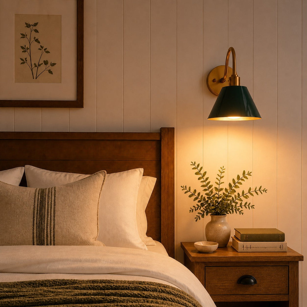 Industrial Modern Tapered Brass Gooseneck Sconce with Metal Silhouette