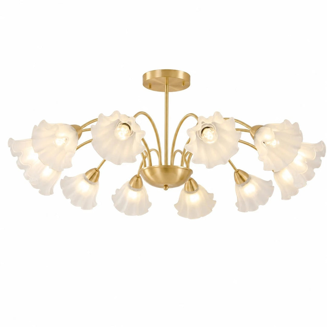 Solid brass twelve-arm floral glass chandelier on a white background