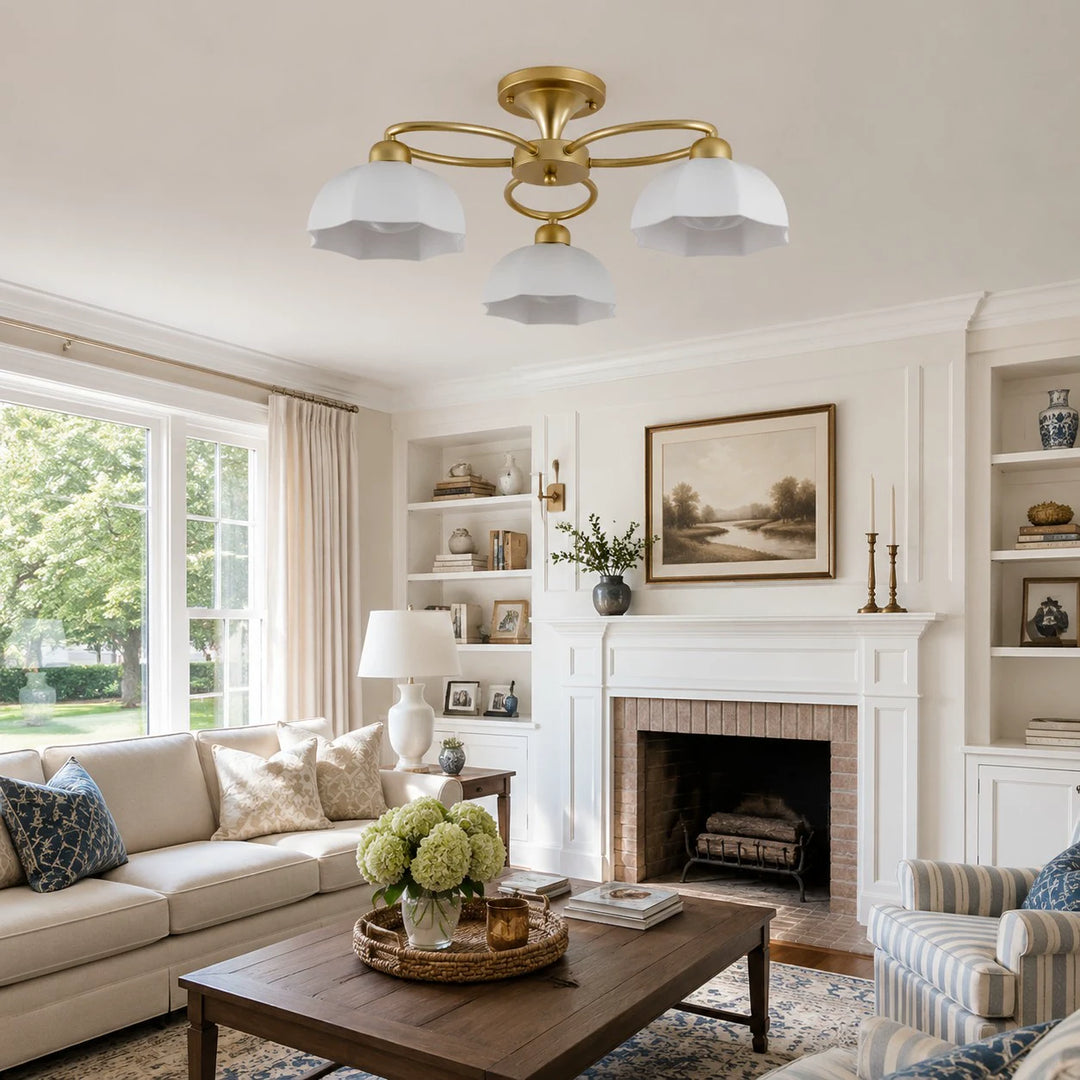 3-light ceiling fixture in a sunlit living room