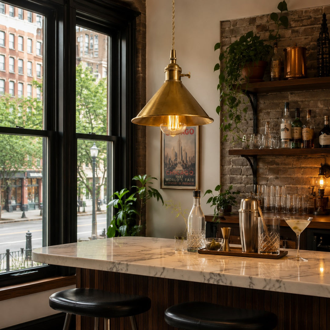 Conical copper pendant light in a vintage interior
