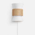 Bild in Gallery-Viewer laden, Coastal Boho Fabric and Natural Rattan Plug-In Wall Light for Bedroom and Hallway