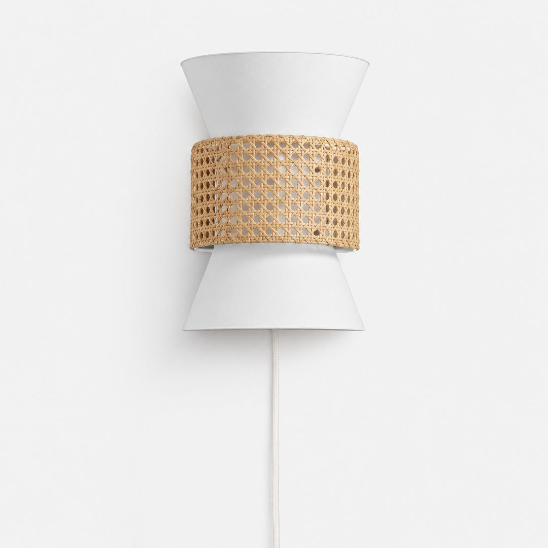 Coastal Boho Fabric and Natural Rattan Plug-In Wall Light for Bedroom and Hallway