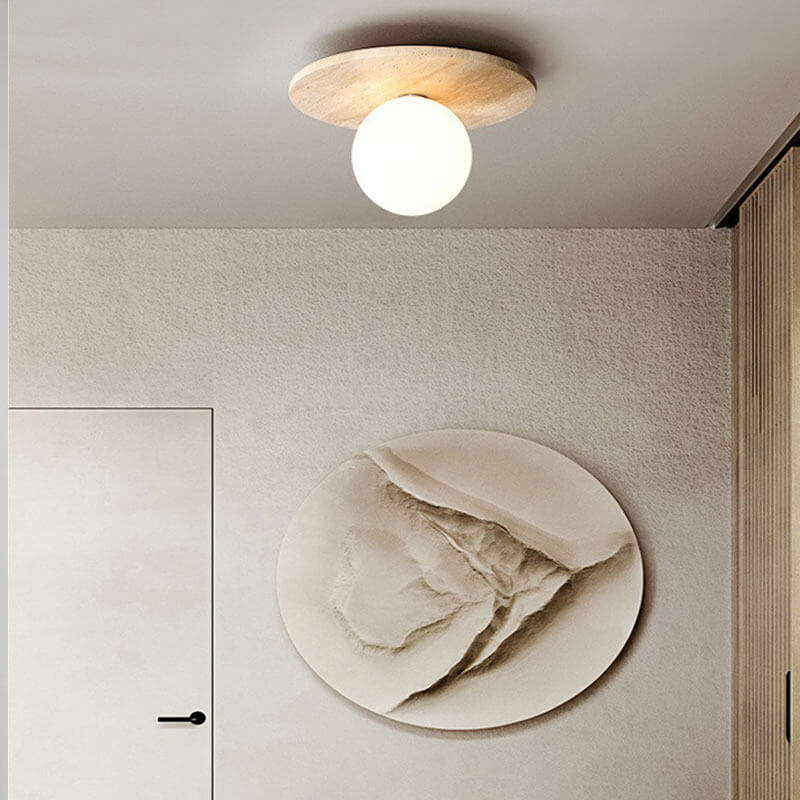 Japanese Round Yellow Travertine Shade Semi-Flush Mount Ceiling Light M12
