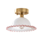 Charger l'image dans la visionneuse de galerie, flush mount version with brass canopy and pink rimmed ruffled glass shade