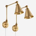 Load image into Gallery viewer, Pair of gold iron swing-arm sconces with cone shades