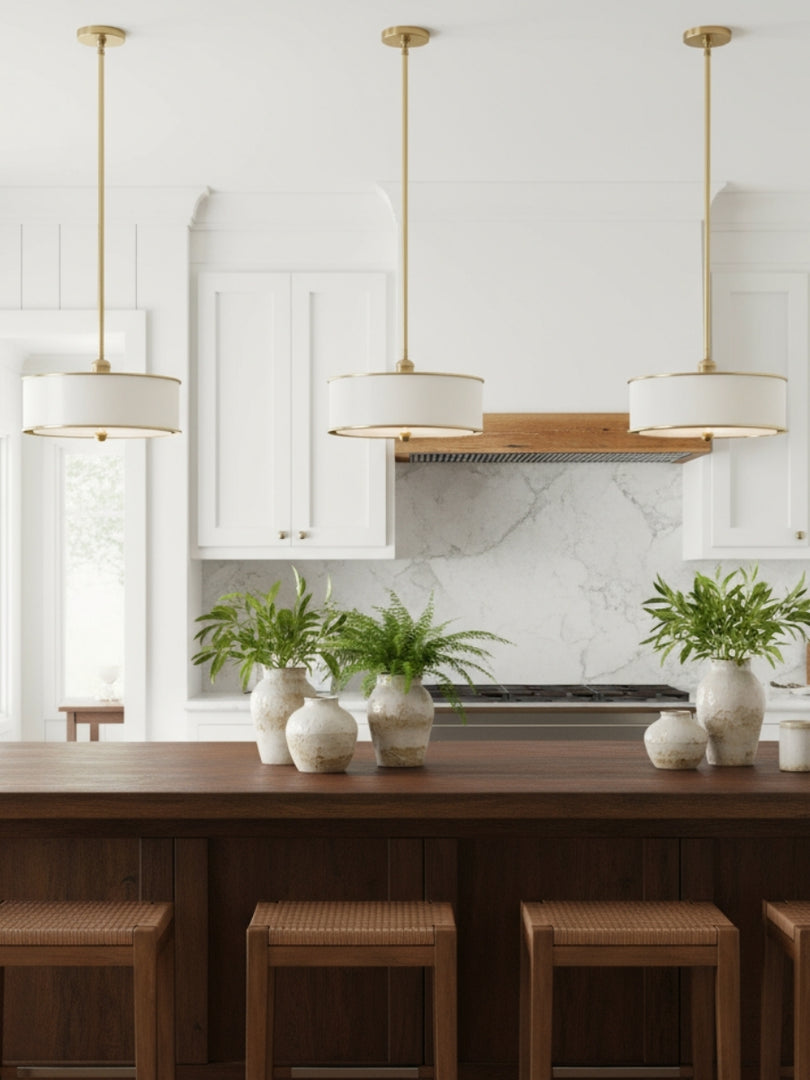 Forvara Metal Drum Rod Pendant Light - Modern Brass Farmhouse Style