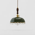 Load image into Gallery viewer, Deep green leather dome pendant lamp with clear crystal drops