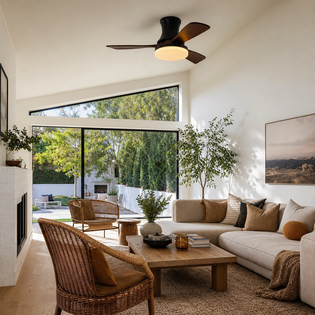 Black walnut ceiling fan light in a living room