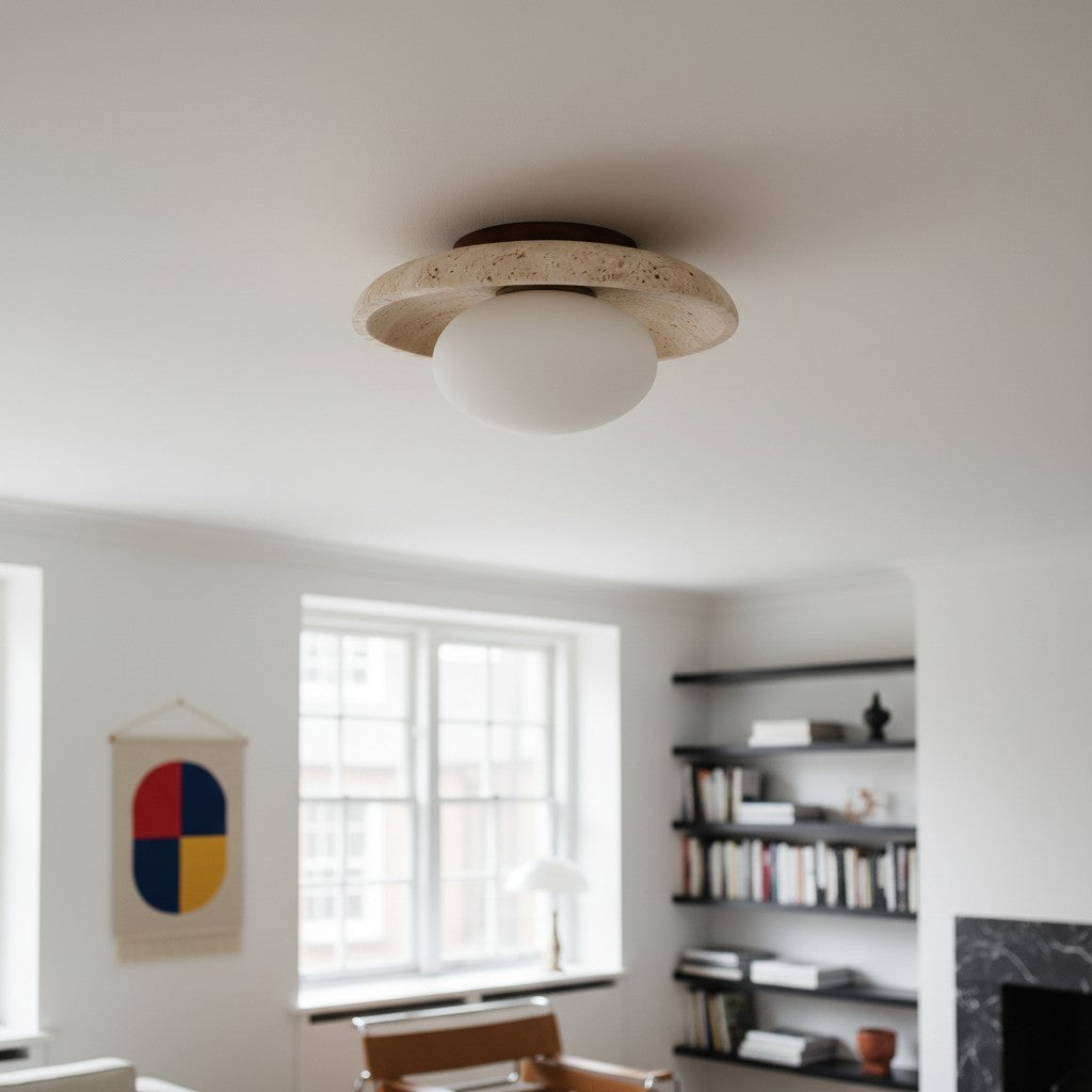 Calivra Modern Travertine Round Ceiling Light - Minimalist Flush Mount Lamp for Hallway and Bedroom