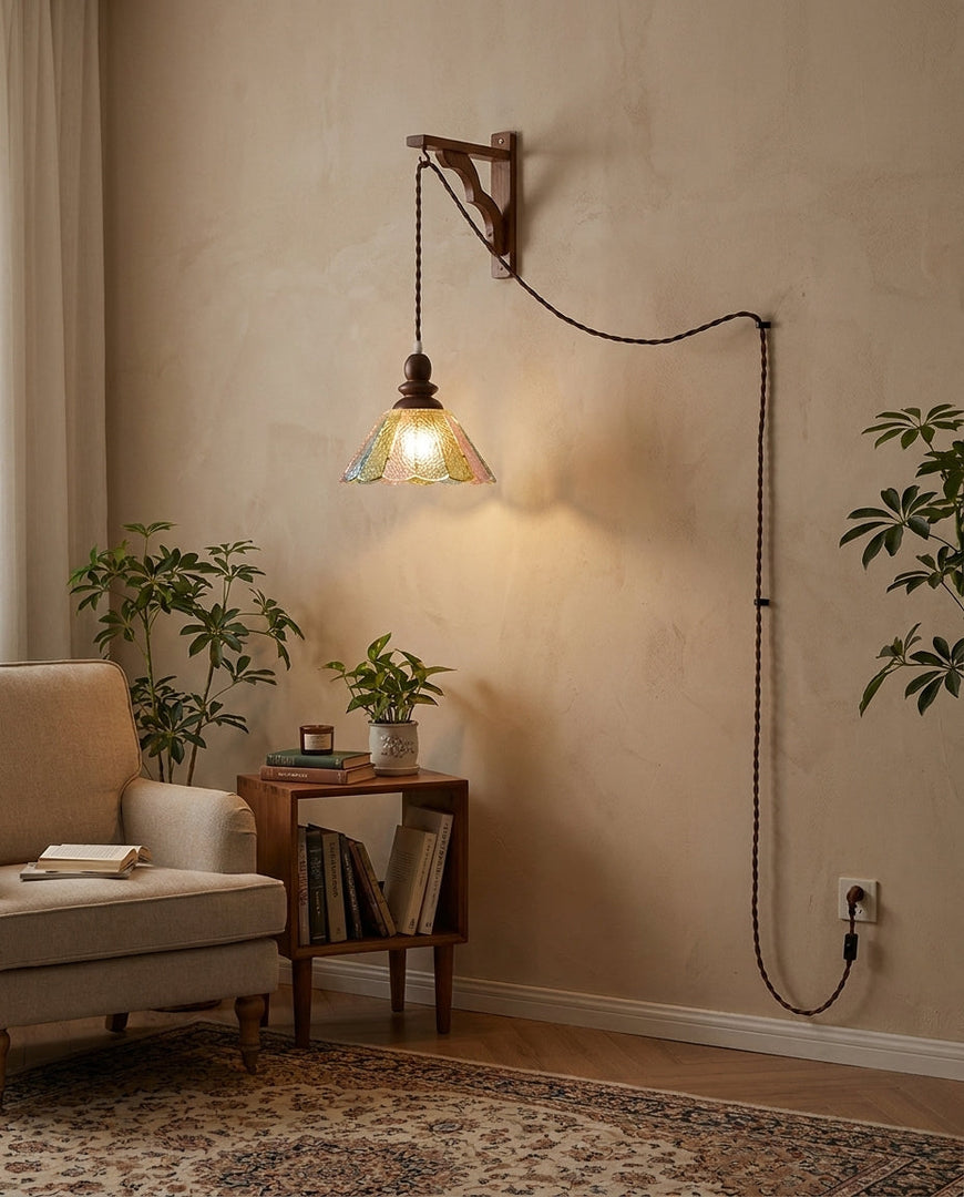 Natural Wood And Glass Plug-In Pendant