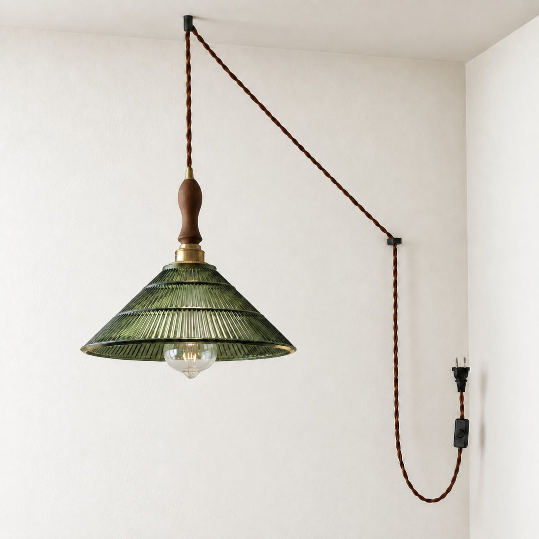 Vintage Ribbed Glass Shade Plug‑in Swag Pendant Light - Hanging Lamp for Dining and Living Room