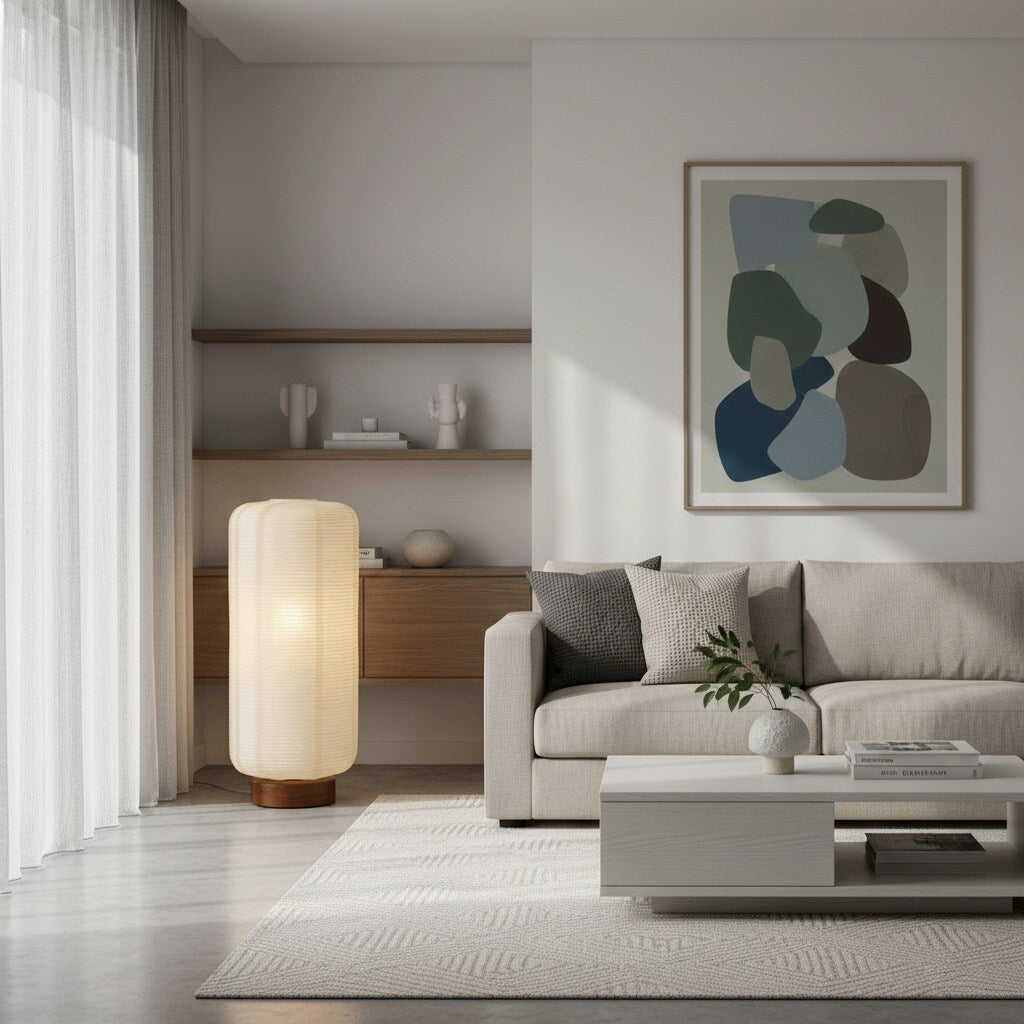 Tivo Minimalistische gerippte Stehlampe - Einfacher massiver Holzfuß mit Papierschirm, geeignet für Wohnzimmer und Schlafzimmer