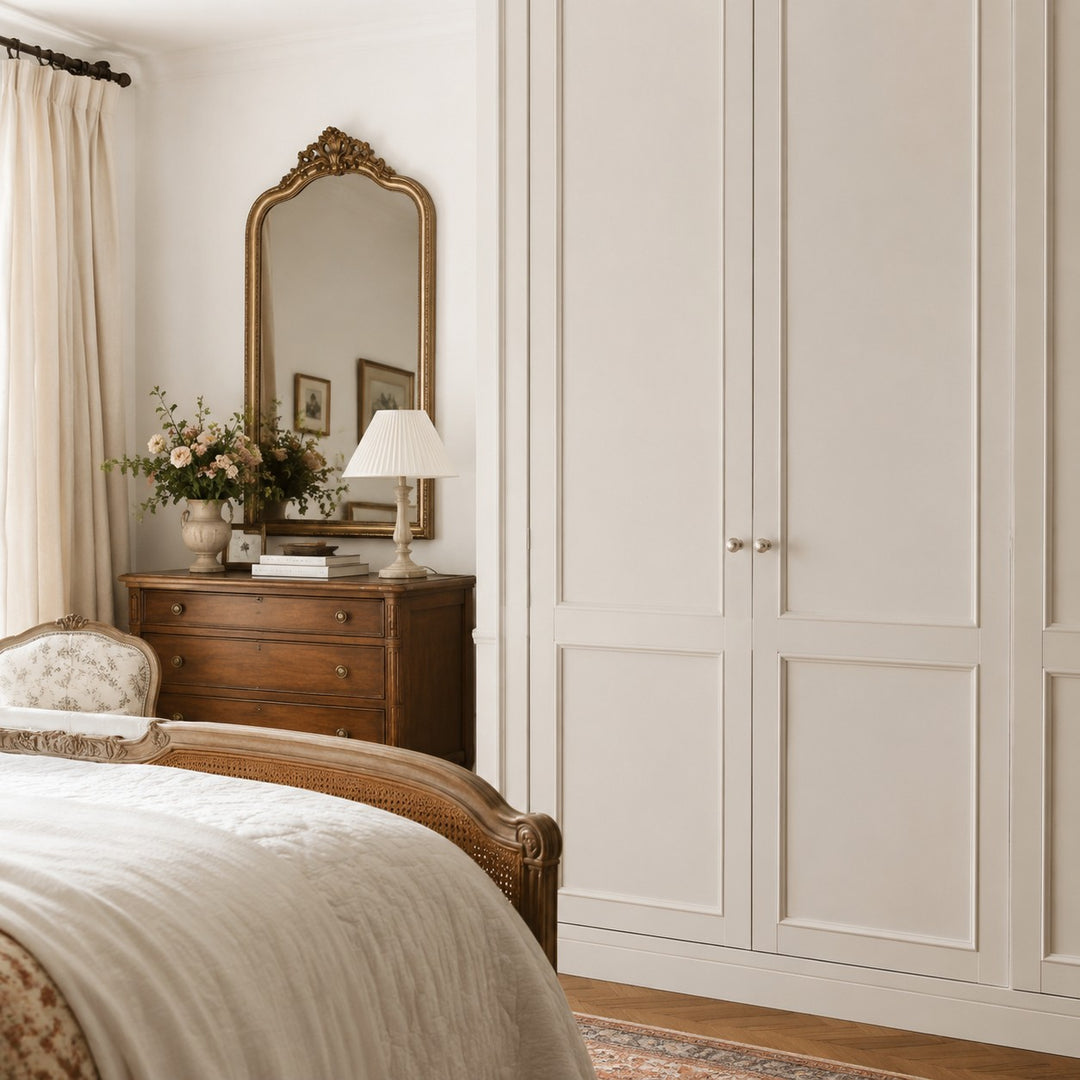 Pearl white cabinet knobs on a wardrobe
